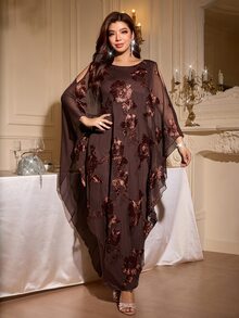 Reflora Plus Size Women's Mesh Floral Embroidered Round Neck Shoulder Cutout Casual Loose Elegant Dress - Brown - View 1
