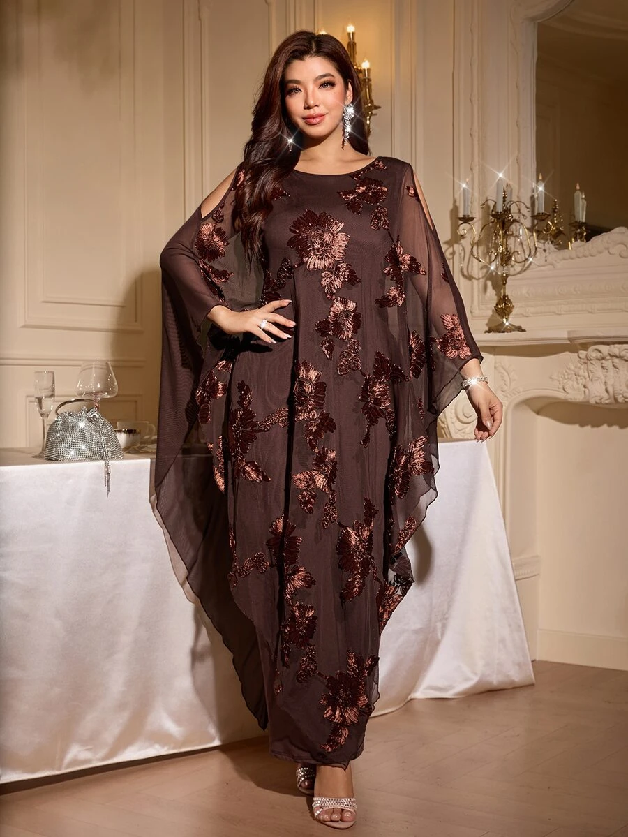 Reflora Plus Size Women's Mesh Floral Embroidered Round Neck Shoulder Cutout Casual Loose Elegant Dress - Brown - View 1