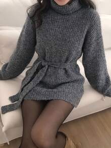 DAZY 女款高領純色長袖綁帶優雅韓風毛衣 - 灰色 - 查看 7