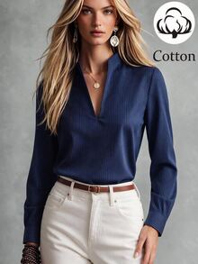 SHEIN Women's Elegant Striped Commuter Blouse - Navy Blue - View 6