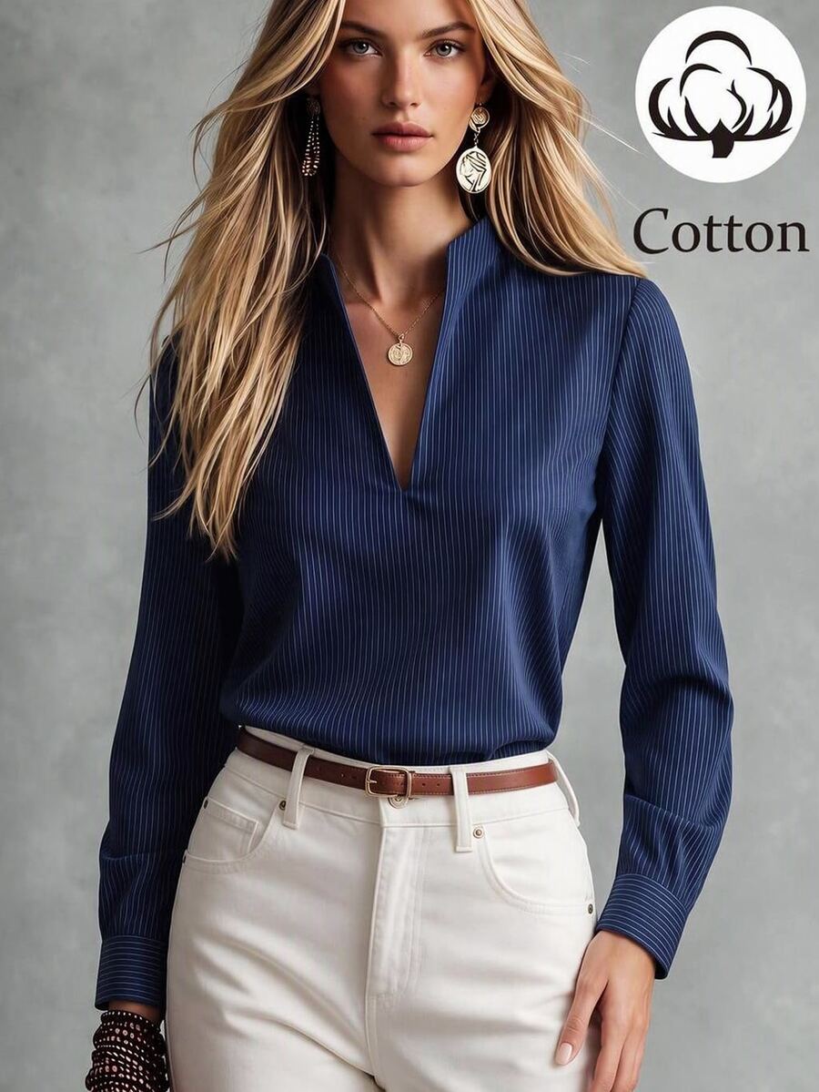SHEIN Áo sơ mi nữ thanh lịch kẻ sọc phong cách công sở - Màu xanh hải quân - Xem 1