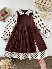 SHEIN Tween Girls 2-In-1 Knit Polka Dot Collar Long Sleeve Dress - Multicolor - View 4