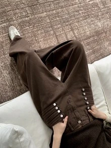 DAZY Women's Button Decor Solid Color Button Pocket Loose Fit Jeans - Brown - View 8