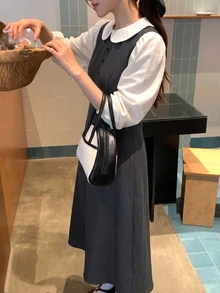 DAZY 女款彼得潘領撞色拼接 2 合 1 韓系休閒中長洋裝 秋季度假穿搭 - 灰色 - 查看 5