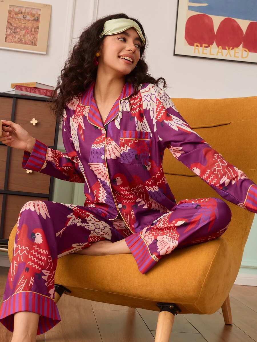 Chillnights Young Eagle Bird Print Colorblock Bubble Crinkle Front Button Women's Pajama Set - Multicolor - View 1