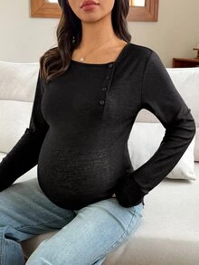 Dazy Maternity Solid Color Fitted Asymmetrical Collar Long Sleeve Casual Versatile Daily Korean Style Spring Autumn Maternity T-Shirt - Black - View 8