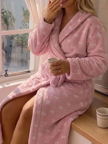 Dazy Plus Thermal Lined Thick Coral Fleece Tie-Front Loungewear Robe, Autumn/Winter New Pink - Pink - View 4