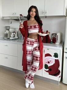 ZzzCrew Bộ đồ ngủ lông bông họa tiết bông tuyết Giáng Sinh 3 món (áo hai dây + quần dài + áo choàng buộc trước) - Đỏ - Xem 1