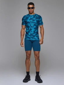 Musero Sport Short Sleeve Seamless Printed Muscle Fit Crew Neck Top Autum Winter Sports Activewear - Blue - View 2