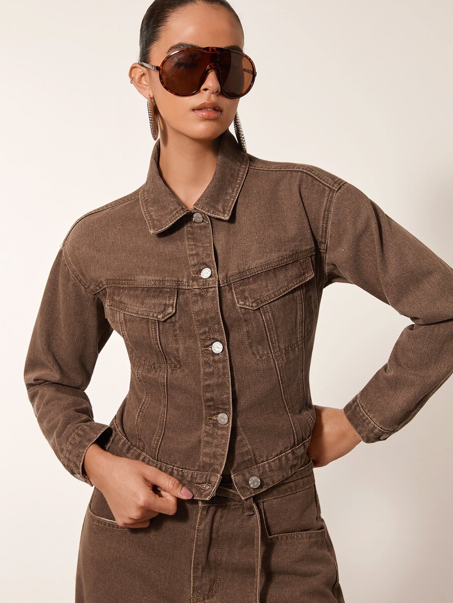 MERLEAU Áo khoác denim nữ thời trang hiện đại, một hàng khuy, trang trí túi - Màu Khaki - Xem 1