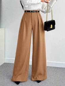 SHEIN Tall CURVE 大尺碼女款純色百褶休閒優雅百搭寬腿褲，高腰黑色，適合日常穿著、通勤、職場辦公、正式場合，秋季款 - 駝色 - 查看 1