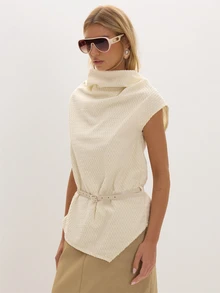MUSEYN Cream Textured Slouchy Neck Asymmetric Top With Belt Versatile Everyday Casual Chic Date Night New Season Fall - White - View 3