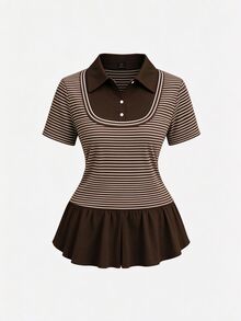 SHEIN Clasi 大尺碼女款純色拼接領短袖修身優雅日常 2 合 1 上衣 T-shirt + 寬鬆休閒百搭長褲套裝 - 棕色 - 查看 6