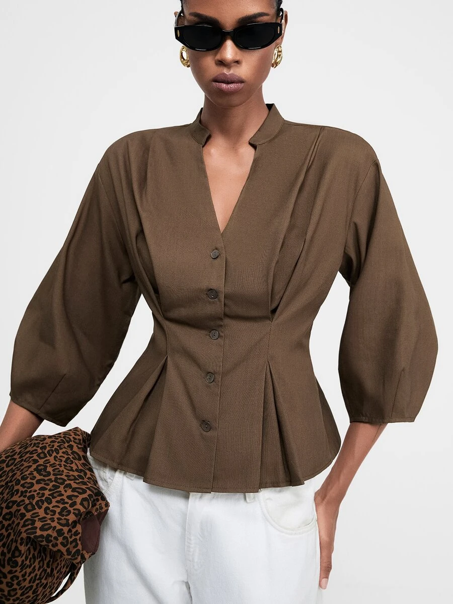 ATUI Studio Women's V-Neck Solid Color Single-Breasted Ruched Waist 3/4 Sleeve Commuter Versatile Blouse - Brown - View 1