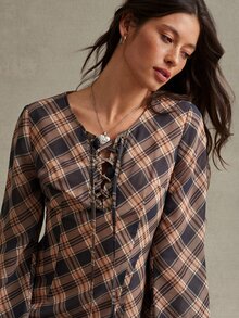 WESTFADE Lace Up Front Long Sleeve Plaid Maxi Dress, Fall, Autumn Clothes, Winter Outfit, Cowgirl, Western, Country Concert, Boho, Cute, Festival, Thanksgiving - Multicolor - View 2