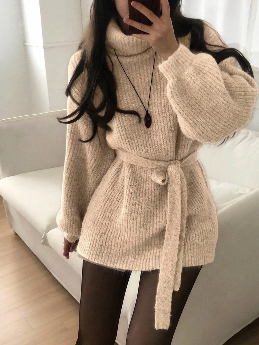 DAZY 女款高領純色長袖綁帶優雅韓風針織衫 - 杏色 - 查看 1