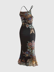ROMWE Fairycore Women's Floral Print Elegant Cinched Waist Party Spaghetti Strap Dress - Black - View 5