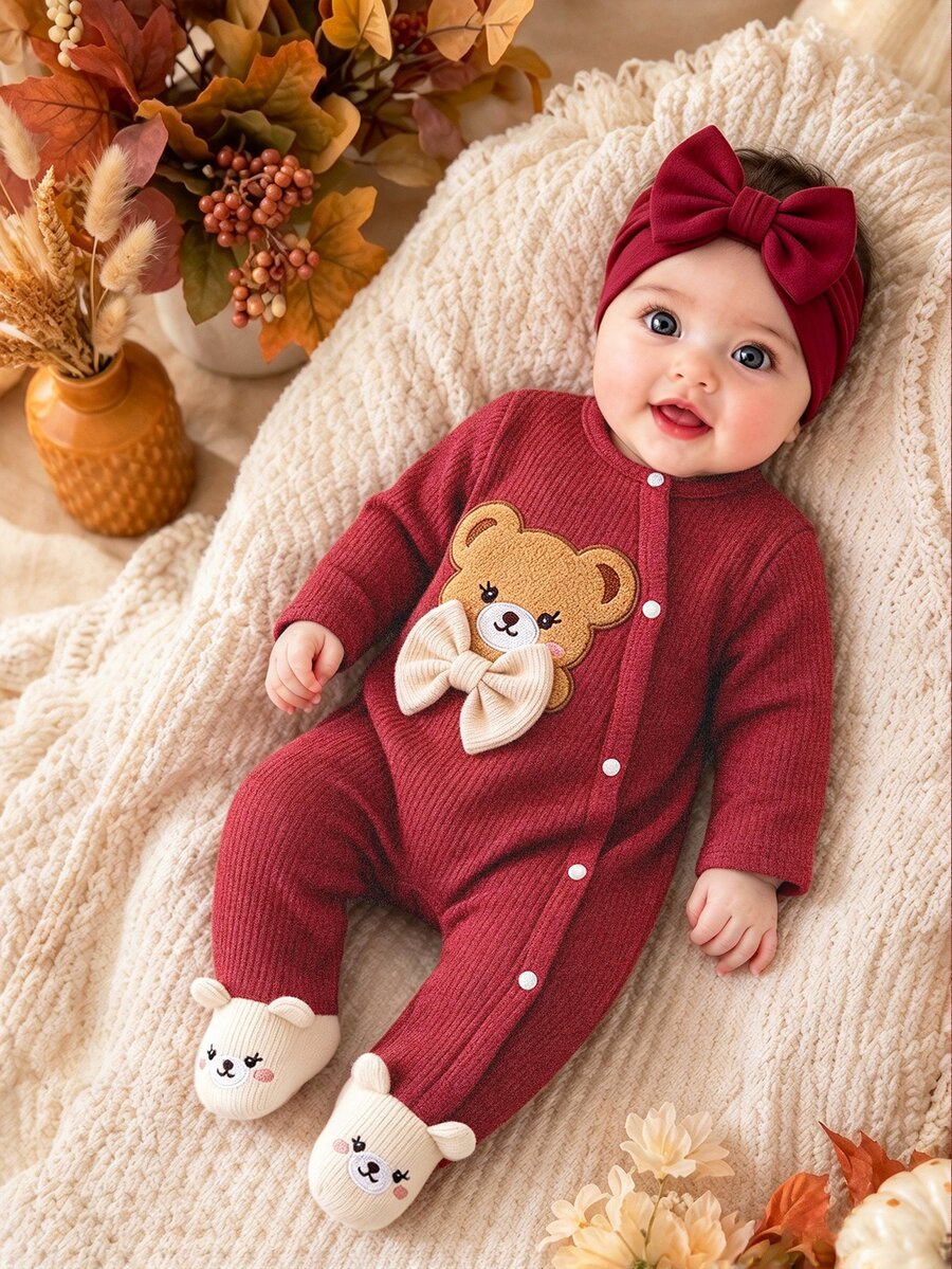 SHEIN New Born Baby Cute Sweet Bear Bow Ribbed Knitted Long Sleeve Round Neck Regular Birthday Party Jumpsuit - Red - View 1