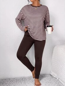 Lounesse Plus Size Women 2 Pieces Set Pink Striped Top And Brown Leggings Comfortable Minimalist For Home Wear - Multicolor - View 8