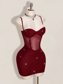 SHEIN ICON 女款時尚性感亮片網紗拼接細肩帶迷你洋裝 - 紅色 - 查看 8