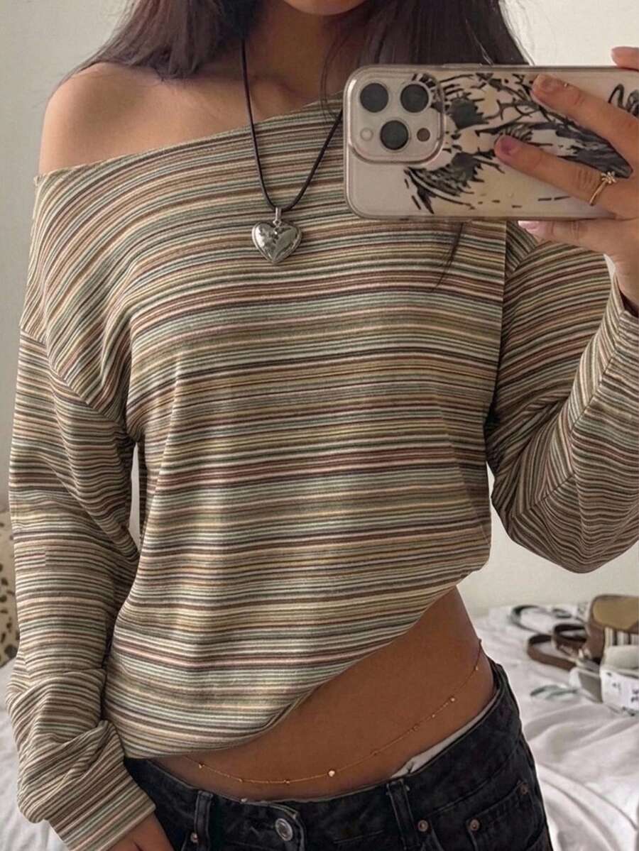SHEIN EZwear Women's Fashion Asymmetric Shoulder Striped Colorblock Sweatshirt - Multicolor - View 1