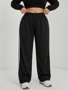 SHEIN CURVE+ Plus Size Black Casual Drawstring Waist Loose Fit Sweatpants, Autumn - Black - View 8