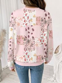 SHEIN LUNE 女款運動衫，優雅花卉牆面拼接圖案，拼接設計，現代度假遊牧休閒時尚，四季百搭女款鄉村音樂會穿搭，西式女裝，遊牧風波希米亞現代都市時尚商務女裝，辦公服飾，低調老錢風，精緻高端通勤機場穿搭 - 白色 - 查看 5
