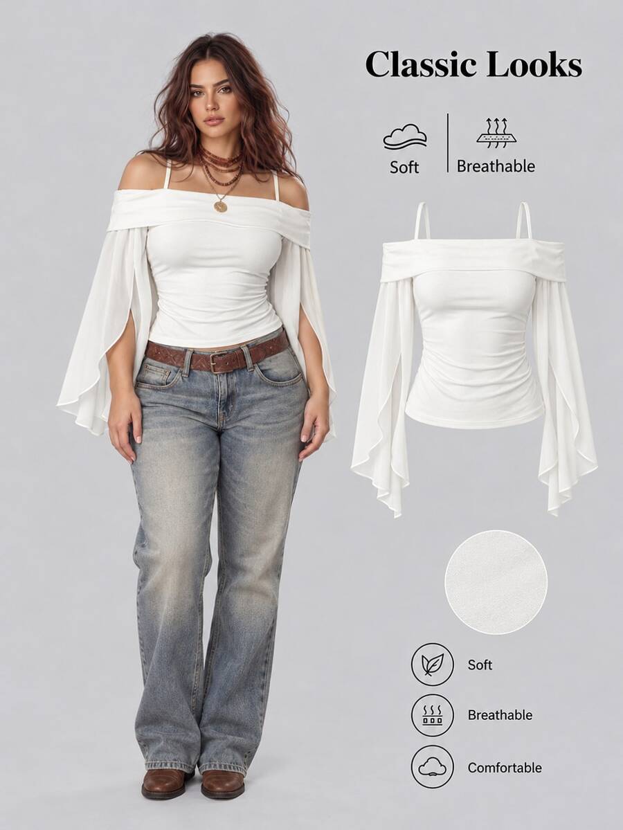 Sweetra Plus Size Early Autumn White Off-Shoulder Chiffon Sleeve Patchwork Elegant Party T-Shirt - White - View 1