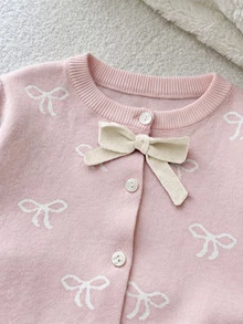 SHEIN Young Girl Young Girl Solid Color Knit Bow Pattern Sweater & Skirt Set 2pcs Suitable For Autumn/Winter - Pink - View 5