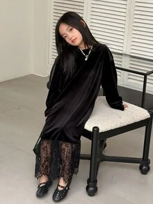 DAZY Tween Girl Lace Patchwork Casual Daily Summer Dress - Black - View 7