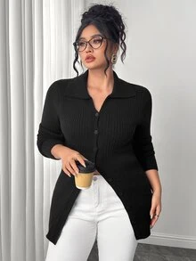Elenzga Plus Size Black Ribbed Button-Front Cardigan Sweater With Collar, Slim Fit, Comfortable Casual Commute - Black - View 1