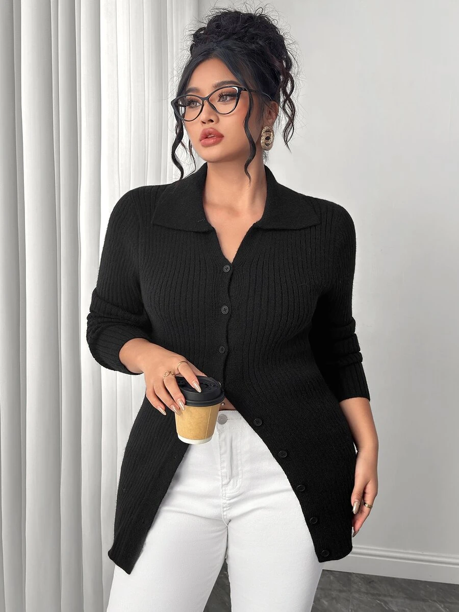 Elenzga Plus Size Black Ribbed Button-Front Cardigan Sweater With Collar, Slim Fit, Comfortable Casual Commute - Black - View 1