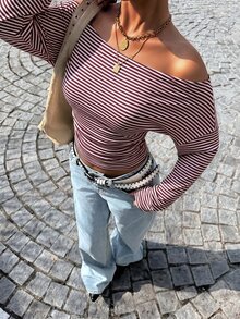 Muchica 女款露肩白色與酒紅長袖收腰簡約法式休閒百搭T恤，適合日常與約會 - 酒紅色 - 查看 6