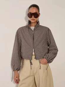 MERLEAU Women's Stand Collar Zip-Up Modern Brown Plaid Drawstring Waist Long Sleeve Jacket - Brown - View 4