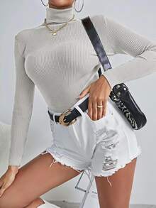SHEIN LUNE Solid High Neck Rib Knit Sweater,Long Sleeve Tops Knit Pullover Fall Winter - Light Grey - View 6