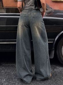 Dazy Plus Vintage Washed Denim Straight Leg Jeans, Street Casual Versatile Long Pants, Spring/Autumn New Style - Dark Wash - View 2