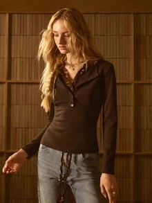 MOTF STUDIO WOMEN'S AUTUMN/WINTER 2 IN 1 VELVET CONTRAST LACE OPEN-FRONT KNIT TOP - Mocha Brown - View 5