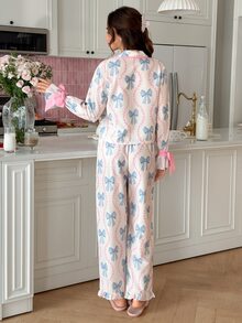 SweetSlumber Asian Cute Striped Heart Print Contrast Color Bowknot Collar Open Front Women's Loungewear Pajama Set - Multicolor - View 2