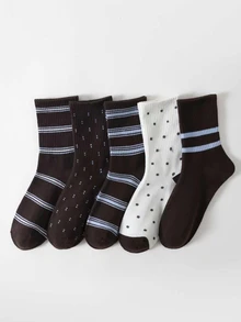 SHEIN 1/5 Women's Mid-Calf Socks In Maillard Color Palette, Polka Dot & Striped Patchwork All-Match Socks, Versatile For Autumn/Winter Daily Commute - Multicolor - View 2