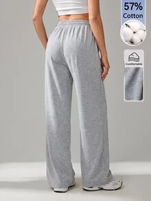 SHEIN Tall بنطال رياضي كاجوال نسائي بتصميم بسيط متعدد الاستخدامات بلون موحد مع خصر برباط وساق واسعة - رمادي - مشاهدة 2
