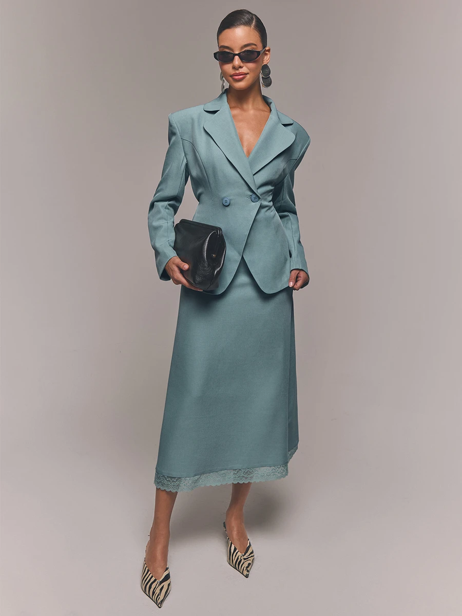 COSMINA Women's Autumn/Winter 2 Pieces Set Wide Shoulder With Shoulder Pads Long Sleeve Large Lapel Top And Skirt, Contrast Lace Design - Blue - View 1