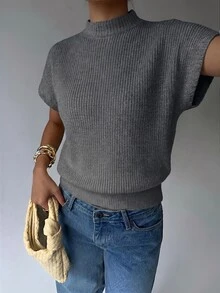 Aloruh Women's Casual Commuting Simple Solid Color Funnel Neck Batwing Sleeve Wide Hem Knit Top - Grey - View 4