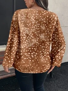 Travachic 大尺碼女款棕色與白色鹿斑點印花長袖上衣，圓領V領鬆身襯衫，秋冬休閒通勤百搭女裝 - 彩色 - 查看 2