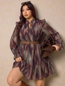Elaquor Plus Size Women Tie-Dye Ruffle Hem Front Tie Fashion Elegant Dress - Multicolor - View 4