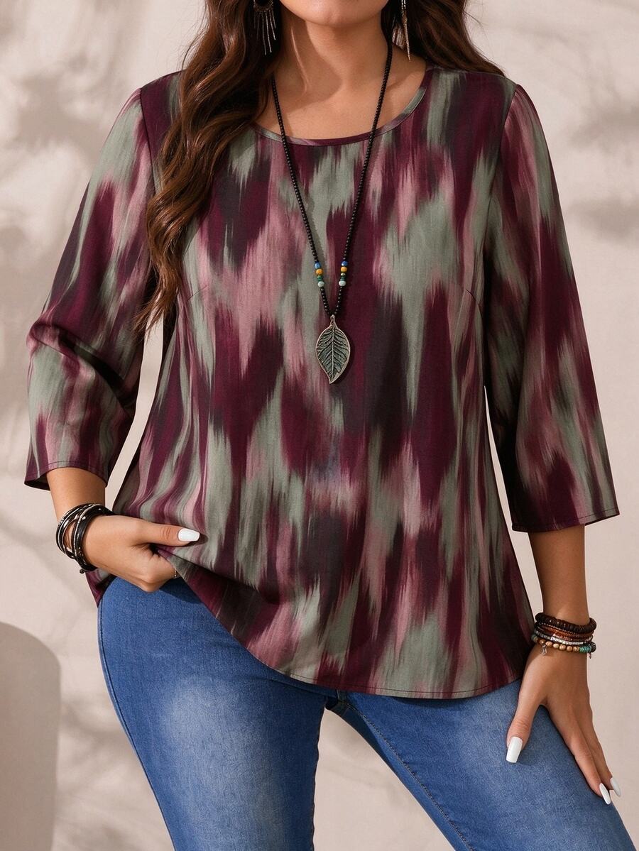 Rosumi Plus Size Women's Autumn/Winter Casual All-Over Print Round Neck Loose 3/4 Sleeve Blouse - Multicolor - View 1