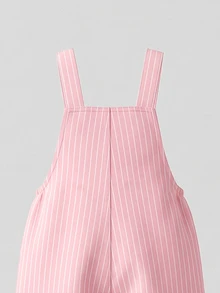 SHEIN 女童牛仔吊帶褲，四季新款，時尚甜美風格，復古牛仔粉色，胸前3D大蝴蝶結設計，白粉對比條紋印花，直筒寬鬆版型，柔軟舒適面料，時尚風格，適合度假、旅行及其他場合，四季新款女童牛仔吊帶褲 - 粉色 - 查看 6