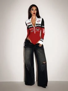 SHEIN ICON 女款字母印花拉鍊半開襟連身衣 - 彩色 - 查看 3