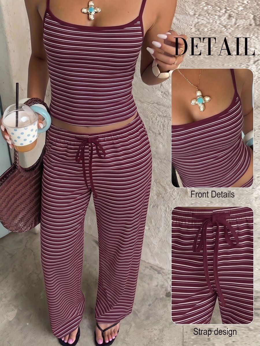 Aloruh Women's Striped Colorblock Camisole Top And Drawstring Waist Long Pants Set - Burgundy - View 1