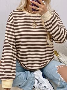 SHEIN EZwear 女款時尚百搭黃色長袖圓領運動衫 返校季 學校教師 畢業季 秋季休閒學院風 早午餐穿搭 - 棕色 - 查看 5