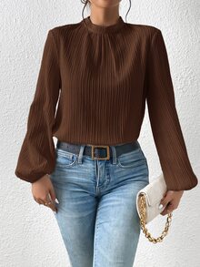 SHEIN Frenchy بلوزة بياقة عالية وفتحة مفتاح في الظهر كاجوال شتوية أنيقة ربيعية - قهوة بني - مشاهدة 5